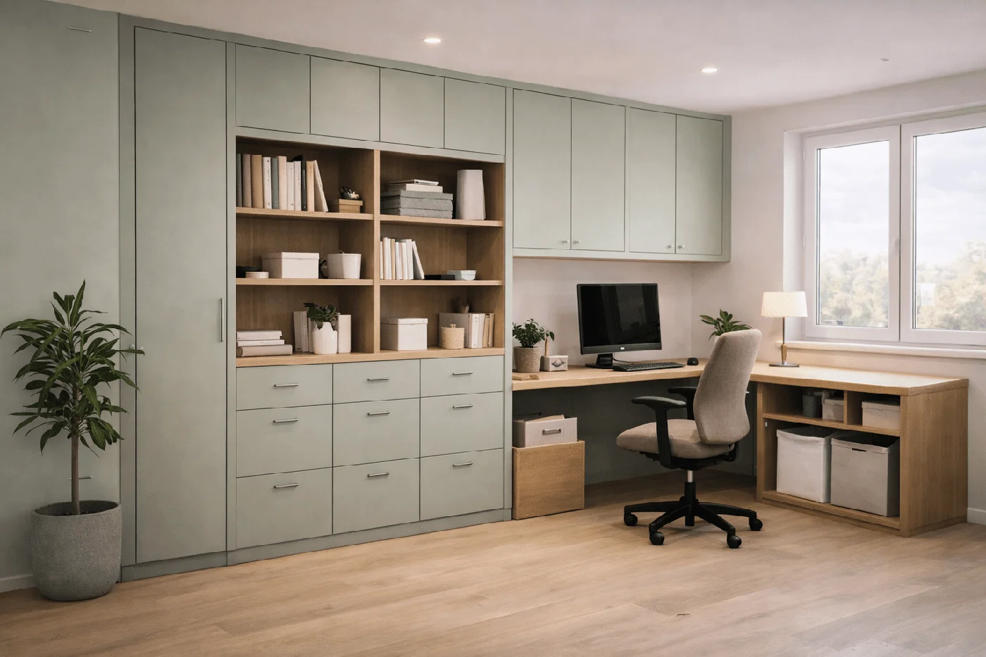 KI-generierte Wohnidee: ein Homeoffice mit Schreibtisch und Holzregalen