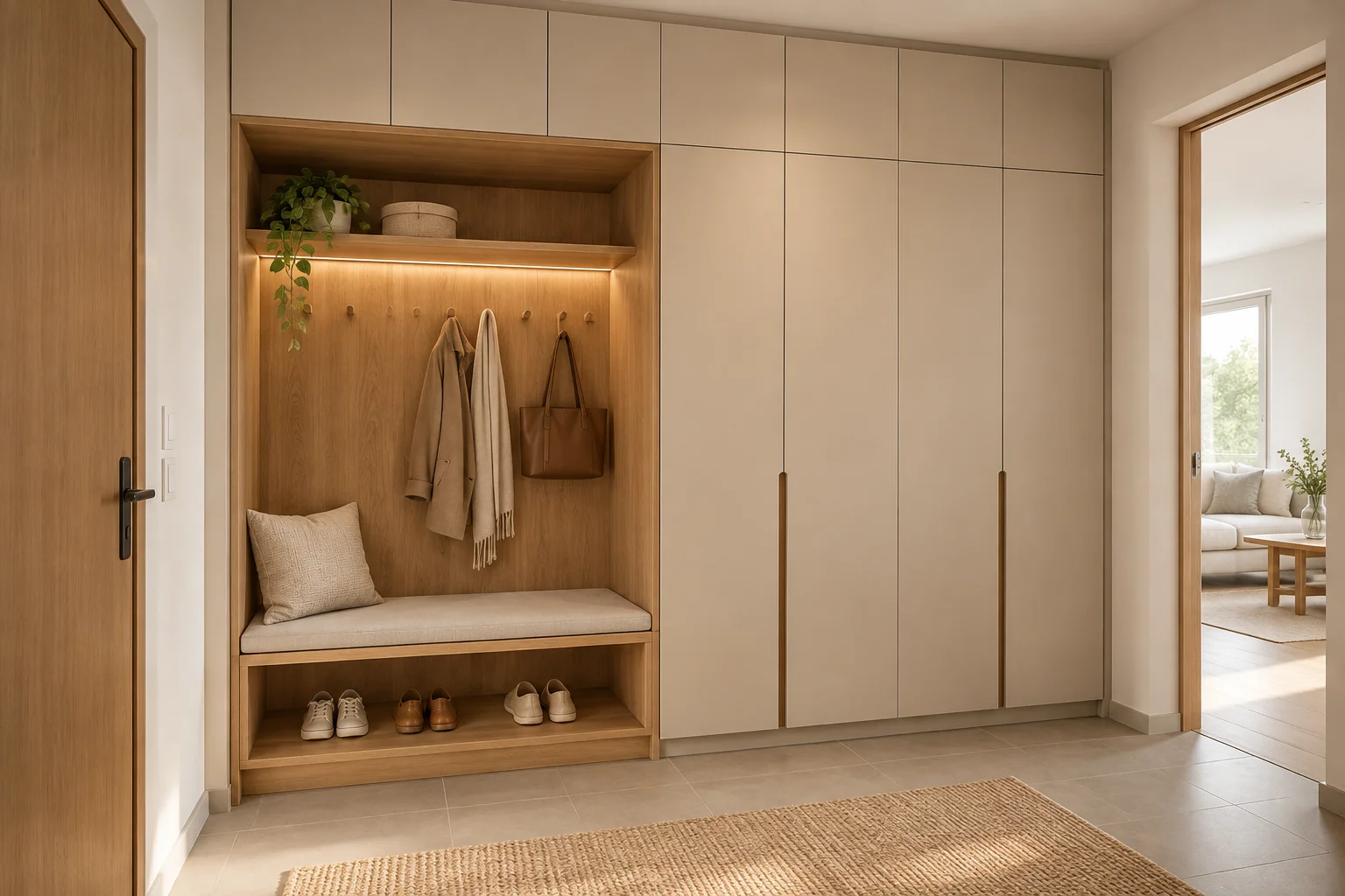 KI-generierte Wohnidee: Einbauschrank mit heller Front und offener Garderobennische aus Holz