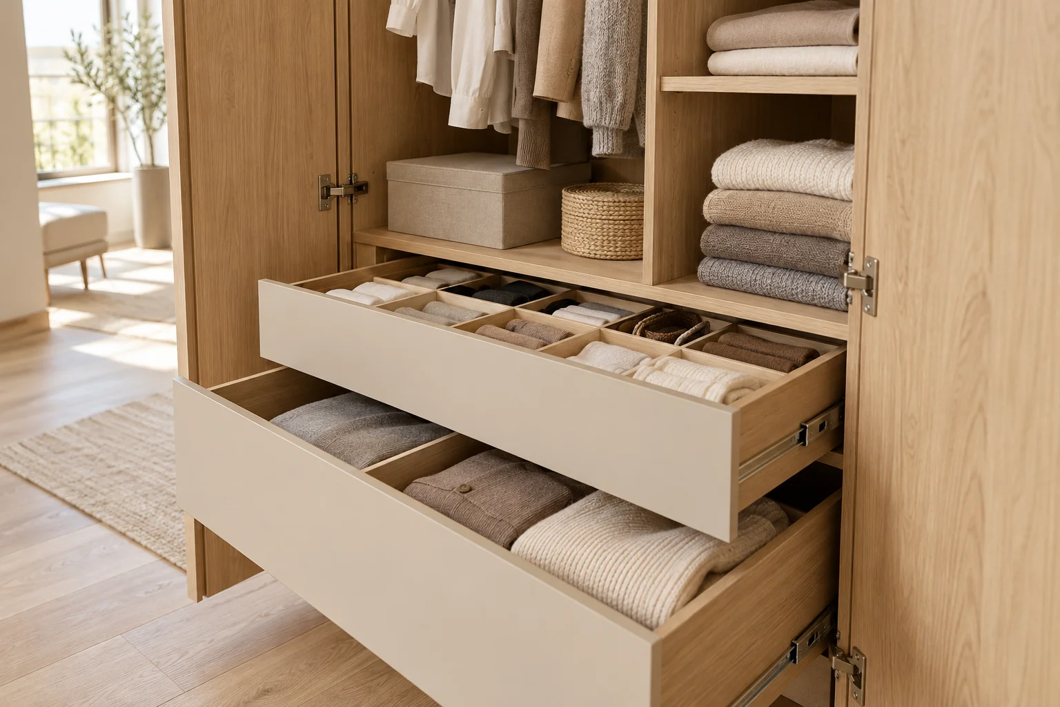 KI-generierte Wohnidee: geöffneter Kleiderschrank mit Kleiderstange, Wäsche und unterteilten Innenladen