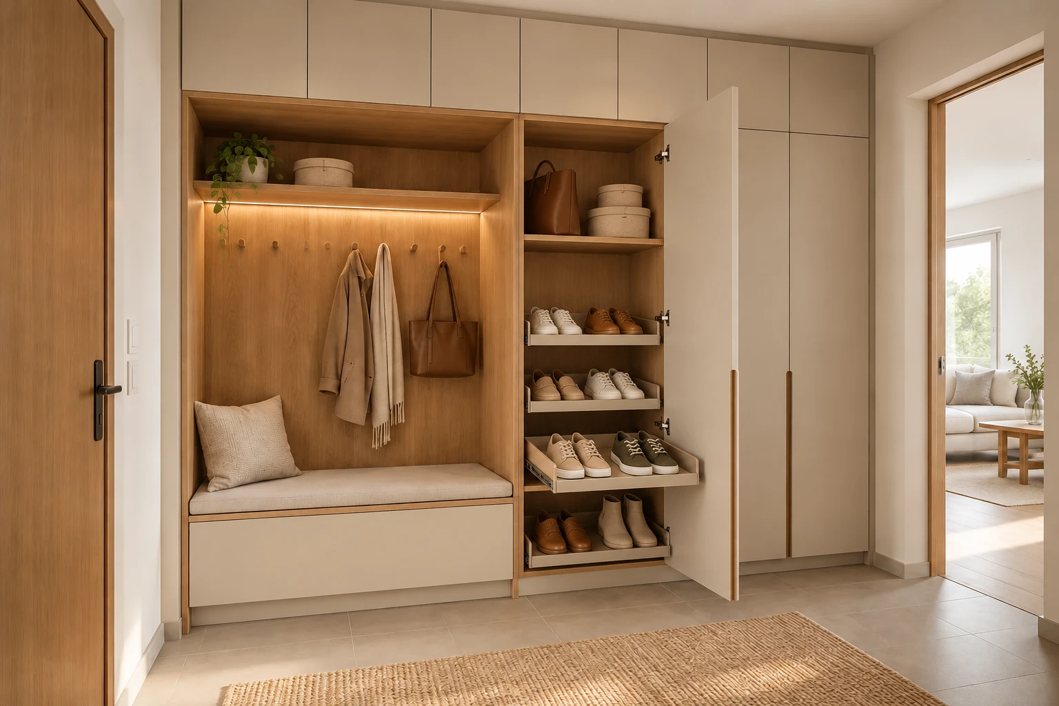 KI-generierte Wohnidee: Vorzimmerschrank mit geöffnetem Schuhfach, Schuhauszügen und geschlossenen Fronten